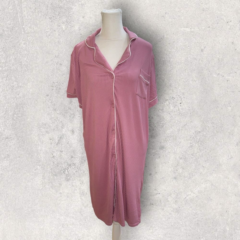 Catherine Malandrino Pink Ribbed Button Down Nightgown Sleep Dress XL